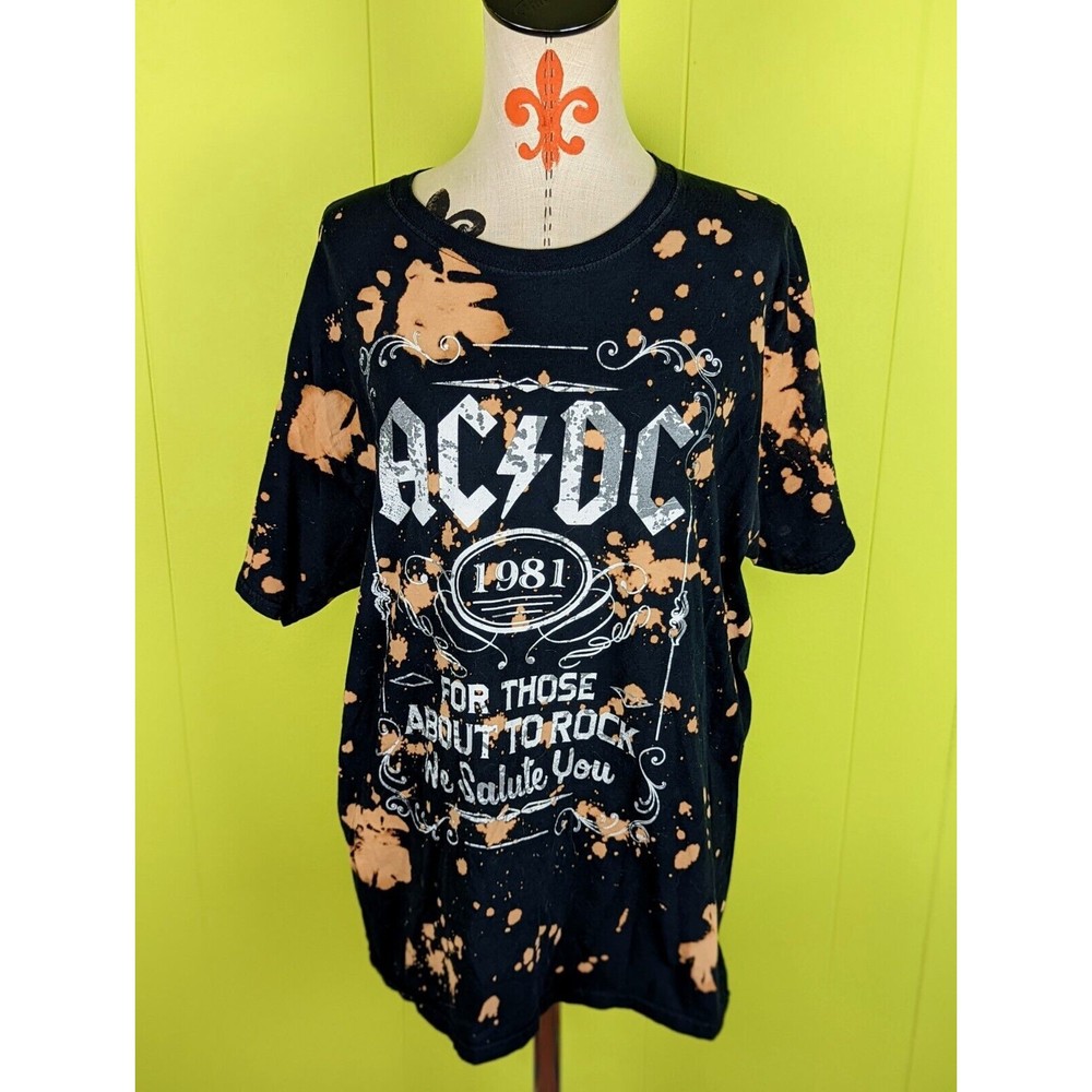 ACDC Mens L Graphic T-Shirt Short Slv Rock Band Bleached Black For Those About..
